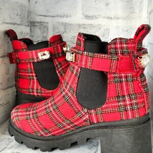 Sugar Favorite Red Plaid Ankle Boots Pearl Rhinestone Strap Block Heel Womens 6M